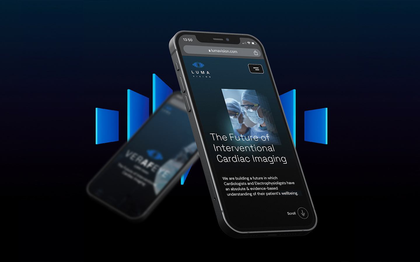 A smartphone mockup displaying the LUMA Vision homepage with the headline "The Future of Interventional Cardiac Imaging" against a dark background with glowing blue panels.